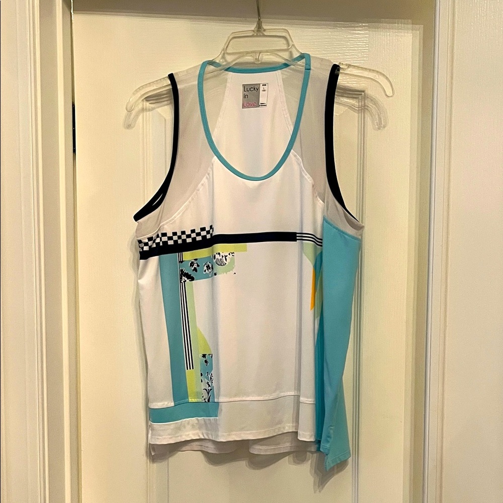 Lucky in Love White and Blue Geometric Tank Top